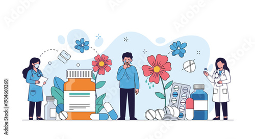 Allergy treatment concept with a sneezing man surrounded by flowering plants, doctors, and various medicines in a clinic.