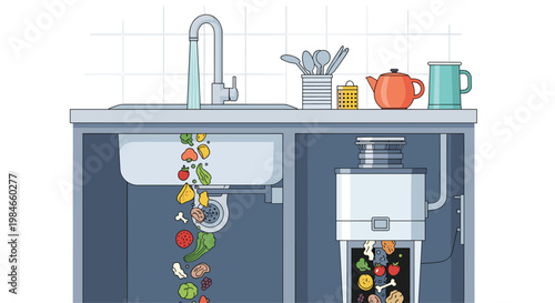 Cutaway illustration of a kitchen sink with water flowing and a garbage disposal system processing food scraps.