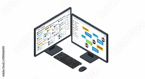 Isometric Computer Workstation with Project Management Software and Messaging App for Remote Team Collaboration