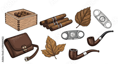 Vintage collection of tobacco products including cigars in a wooden box pipes a leather pouch and dried leaves in sketch style.