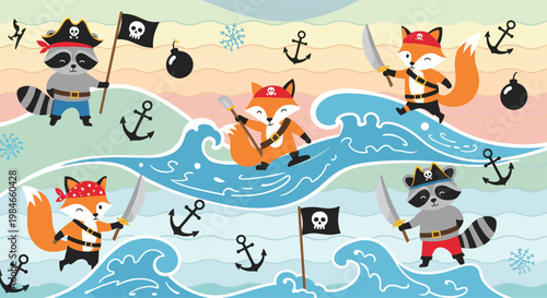 Cartoon pirate animals including foxes and raccoons on a beach with ocean waves anchors bombs and pirate flags for kids.