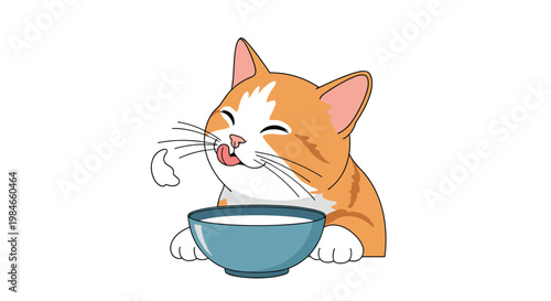 Cute ginger and white cat licking its mouth after drinking from a blue bowl of milk on a clean white background for pet owners.