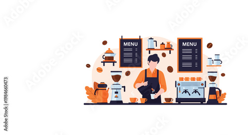 Barista at work in a cozy cafe interior with menu boards coffee grinders and espresso equipment in a warm flat vector design.