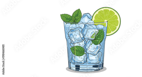 Refreshing mojito cocktail in a glass filled with ice cubes fresh mint leaves and a lime slice in a detailed hand drawn style.