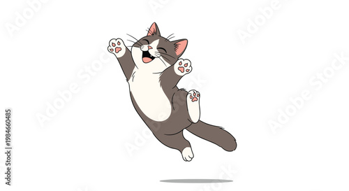 Happy grey and white cartoon cat jumping joyfully in the air with its paws spread out against a plain white background.