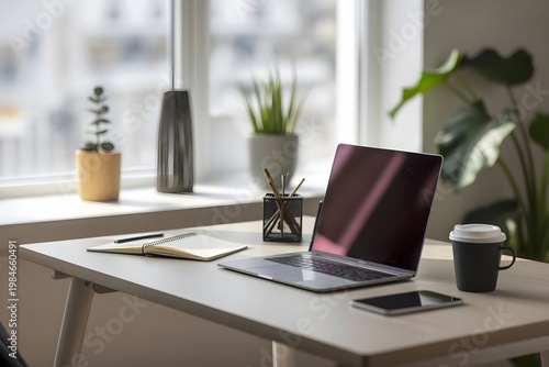 Minimal Home Office Desk Setup with Laptop Coffee and Notebook by Window – Remote Work Concept