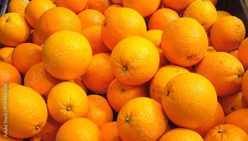 Piled bright orange fruit. Abundant, textured surface. Round and uniform. Close-up, vibrant
