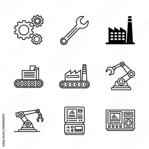 Industrial icons set with machinery and tools.