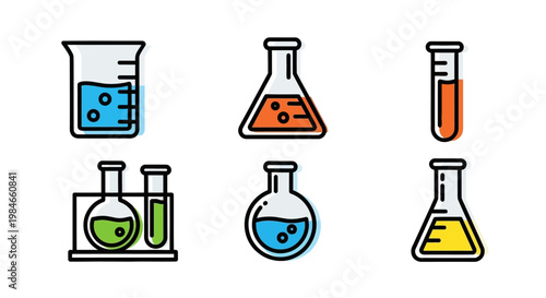 Colorful laboratory equipment icons set.