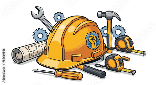 Construction tools and hard hat with a raised fist emblem, symbolizing worker strength and unity in a vector graphic illustration