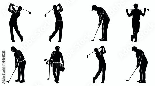 Silhouettes of professional male golfers and executive managers swinging or putting on white background, concept for corporate leisure activity, executive networking and sports branding