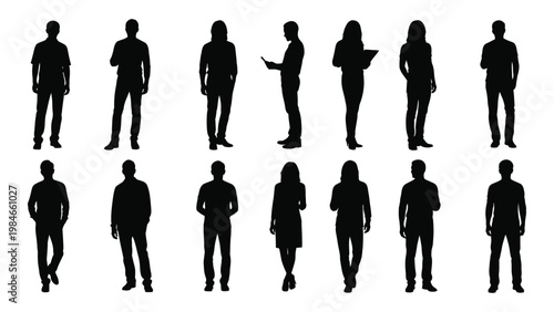 A collection of black silhouettes depicting diverse people standing in various poses and clothing styles