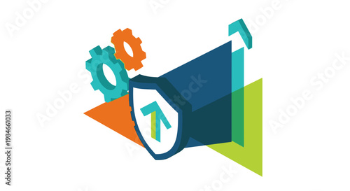 A colorful illustration of a megaphone with gears.