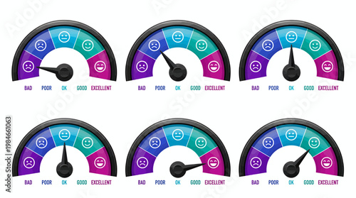 Colorful customer satisfaction speedometer gauges with emoji faces showing levels from bad to excellent, concept for feedback analysis, user experience survey and performance evaluation