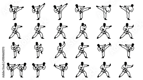 black and white karate martial arts silhouettes showing various kicks and strikes of athletes in uniform, concept for sport school branding, martial arts training and tournament promotion