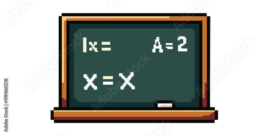 Pixel art chalkboard illustration featuring algebraic math equations and white chalk on a wooden frame, isolated on a white background for educational and school themes.
