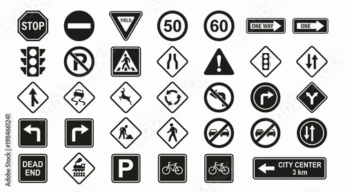Large collection of black and white traffic road signs and street safety icons on white background, concept for driving school, urban planning and transportation map design