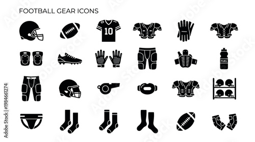 Set of American football equipment icons including protective gear like helmet shoulder pads jersey cleats and ball, concept for sports app design, athletic training and team branding