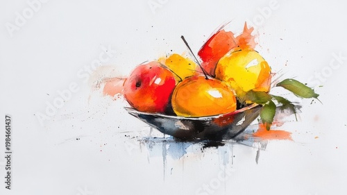 Still life fruit bowl with leaf painting oil painting capturing vibrant colors and textures of assorted fruits and single leaf in a bowl