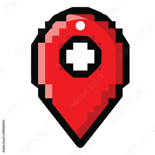 Pixel Art Red Map Pin Icon with White Medical Cross Symbol for Hospital Location and First Aid Station Navigation Isolated on White Background
