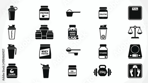 Set of black fitness supplement and gym icons featuring protein jars, shakers, scoops and scales on white, concept for sports nutrition, bodybuilding app and healthy lifestyle branding