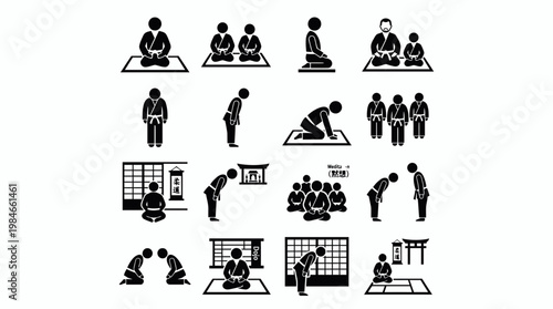 martial arts icons of black belt executives in dojo settings performing meditation and bowing, concept for business discipline, leadership training and professional corporate respect