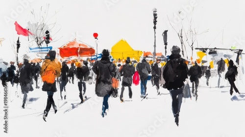 People walking in snowy landscape painting an oil painting captures figures strolling through a serene snow covered environment evoking a sense of quiet winter beauty