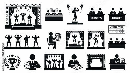 Set of bodybuilding competition icons with athletes on stage, sports judges and event officials, concept for professional sports management, fitness tournament and athletic business