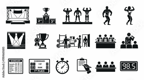 Bodybuilding competition icons set featuring athletes posing on stage with trophies, judges at the table and event managers, concept for sports planning, fitness branding and gym management