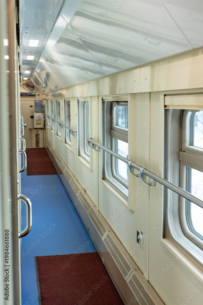 Obraz premium Interior of train car with many compartments, Train wagon inside
