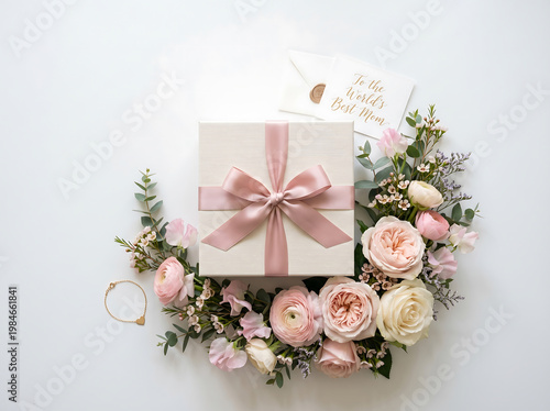 elegant mother’s day gift box with pink ribbon and flowers on white background flat lay with copy space