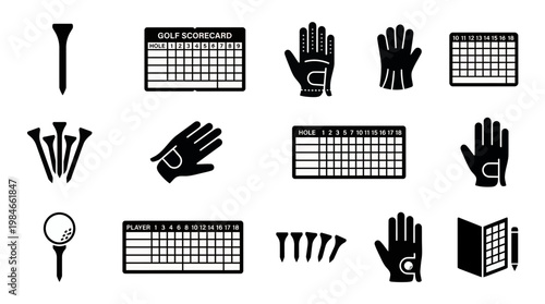 Golf equipment icons collection featuring tees, scorecards, gloves and ball silhouettes on white background, concept for sports catalogs, tournament branding and mobile application interface
