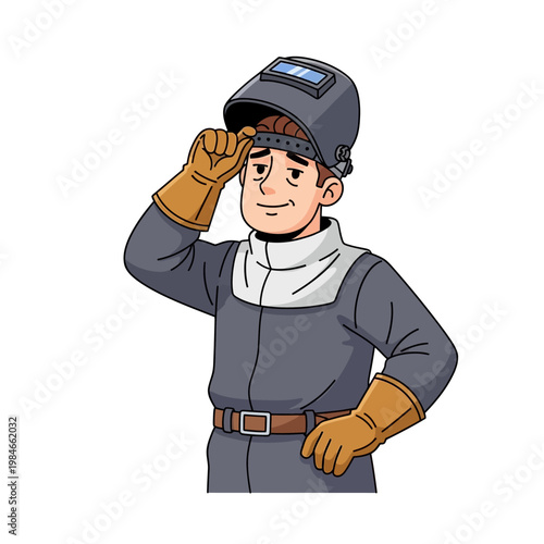 Welder Man Cartoon Character Wearing Protective Gear and Welding Mask