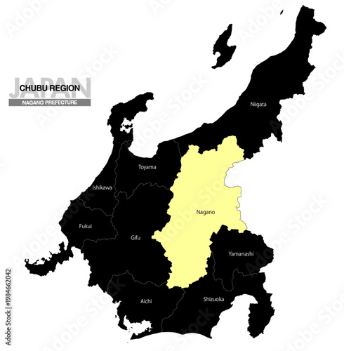 [日本地図] 中部地方の長野県の県名入り位置地図 (英語)