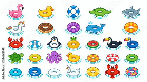 Collection of colorful inflatable swimming rings and pool floats featuring animals, fruits and sea creatures, concept for summer vacation graphic, beach party invitation and water activity