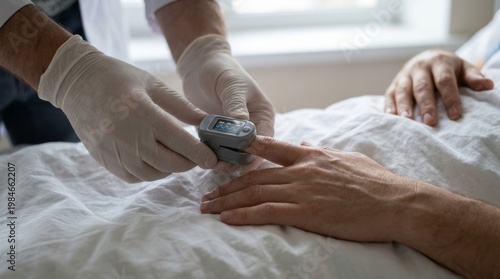 Pulse Oximeter Being Placed on Patient Finger by Doctor