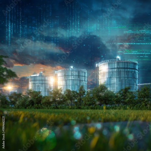 The heart of natural gas: majestic storage towers at dusk. Ai visuals. Envisioning tomorrow's energy: lng tanks amidst a vibrant backdrop. Intelligent screens. Futuristic screens.
