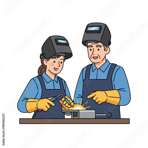 Welding Team: Man and Woman in Protective Gear Working Together on Metal Project