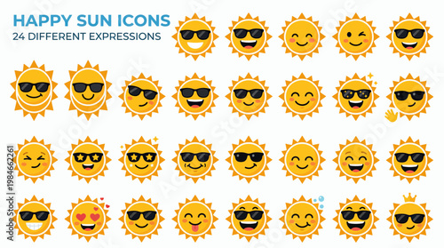 Set of twenty four flat happy sun icons with various cute facial expressions and stylish sunglasses isolated on white, concept for summer seasonal sales, weather apps and social media content