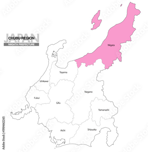 [日本地図] 中部地方の新潟県の県名入り位置地図 (英語)