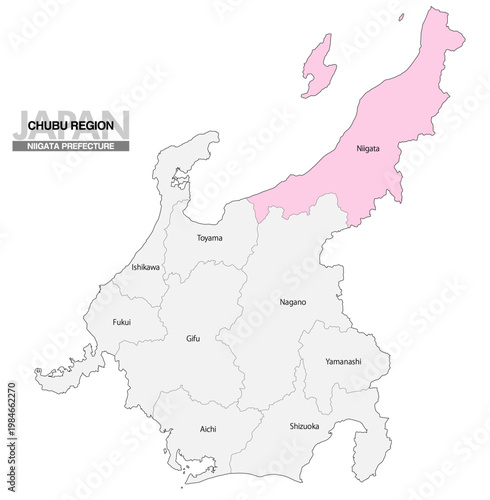 [日本地図] 中部地方の新潟県の県名入り位置地図 (英語)