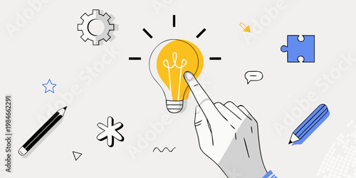 A hand points towards a glowing lightbulb surrounded by creative elements
