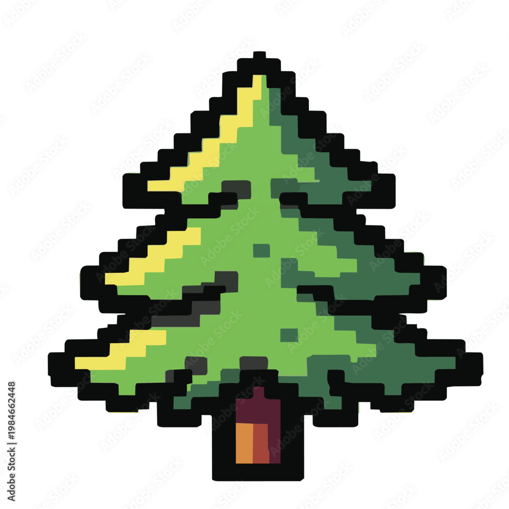 Fototapeta premium Pixel art illustration of a green pine tree with retro 8-bit aesthetic, stylized coniferous evergreen tree isolated on a plain white background for game design and creative projects