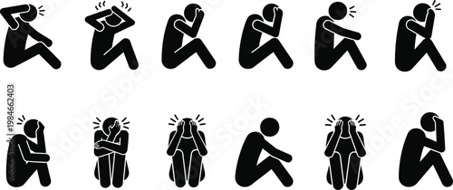 Icons depicting anxiety mental stress fear panic attacks in human silhouettes with depression