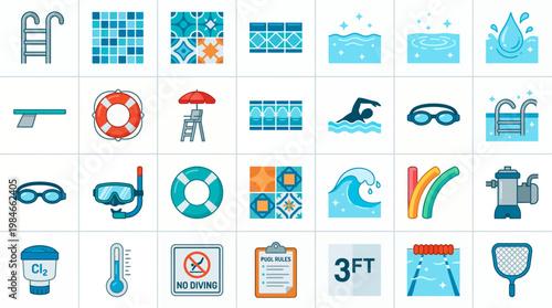 Flat swimming pool icons featuring equipment ladder lifebuoy goggles diving board and maintenance tools, concept for sports website design, summer infographic and aquatic facility promotion