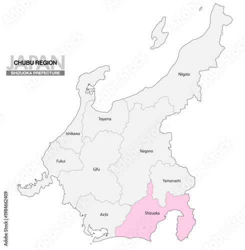 [日本地図] 中部地方の静岡県の県名入り位置地図 (英語)