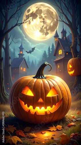 Glowing pumpkin sits before haunted houses under a giant moon on a spooky autumn night