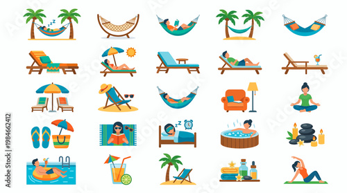 Flat vector icons set of corporate managers and executives relaxing on vacation with hammocks and spa elements, concept for employee wellness, travel promotion and stress management