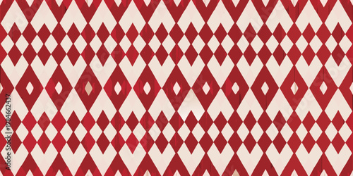 A repeating pattern of red and white diamond shapes forms an abstract design