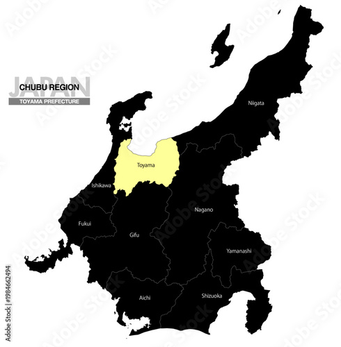 [日本地図] 中部地方の富山県の県名入り位置地図 (英語)